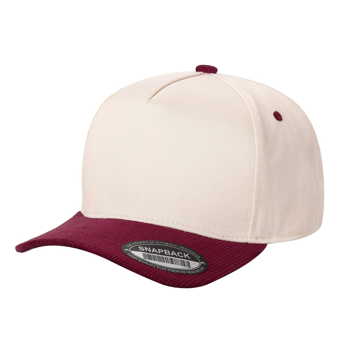 Waycap TCFC Corduroy Bill snapback cap in cream with a burgundy corduroy bill and button. Flat brim.