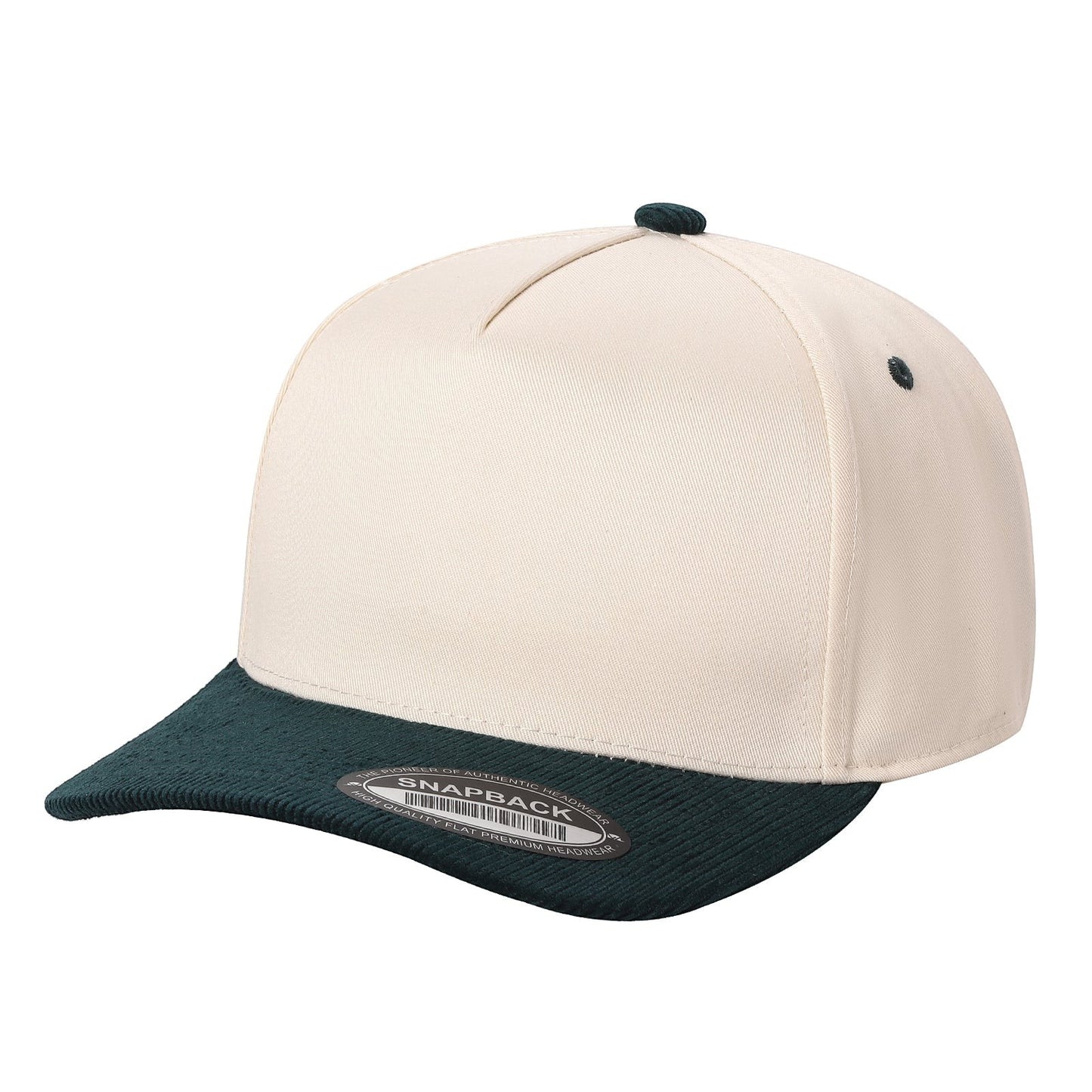 Waycap TCFC Corduroy Bill cap in cream with a dark green corduroy flat brim and matching button. Snapback style.