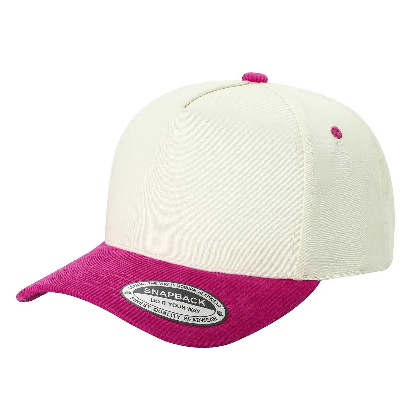 Waycap Corduroy Bill cap in cream with a vibrant pink corduroy bill and matching top button. Flat brim snapback.