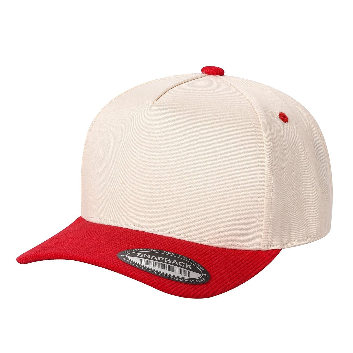 Waycap TCFC Corduroy Bill snapback cap in cream with a red corduroy bill and red eyelets.