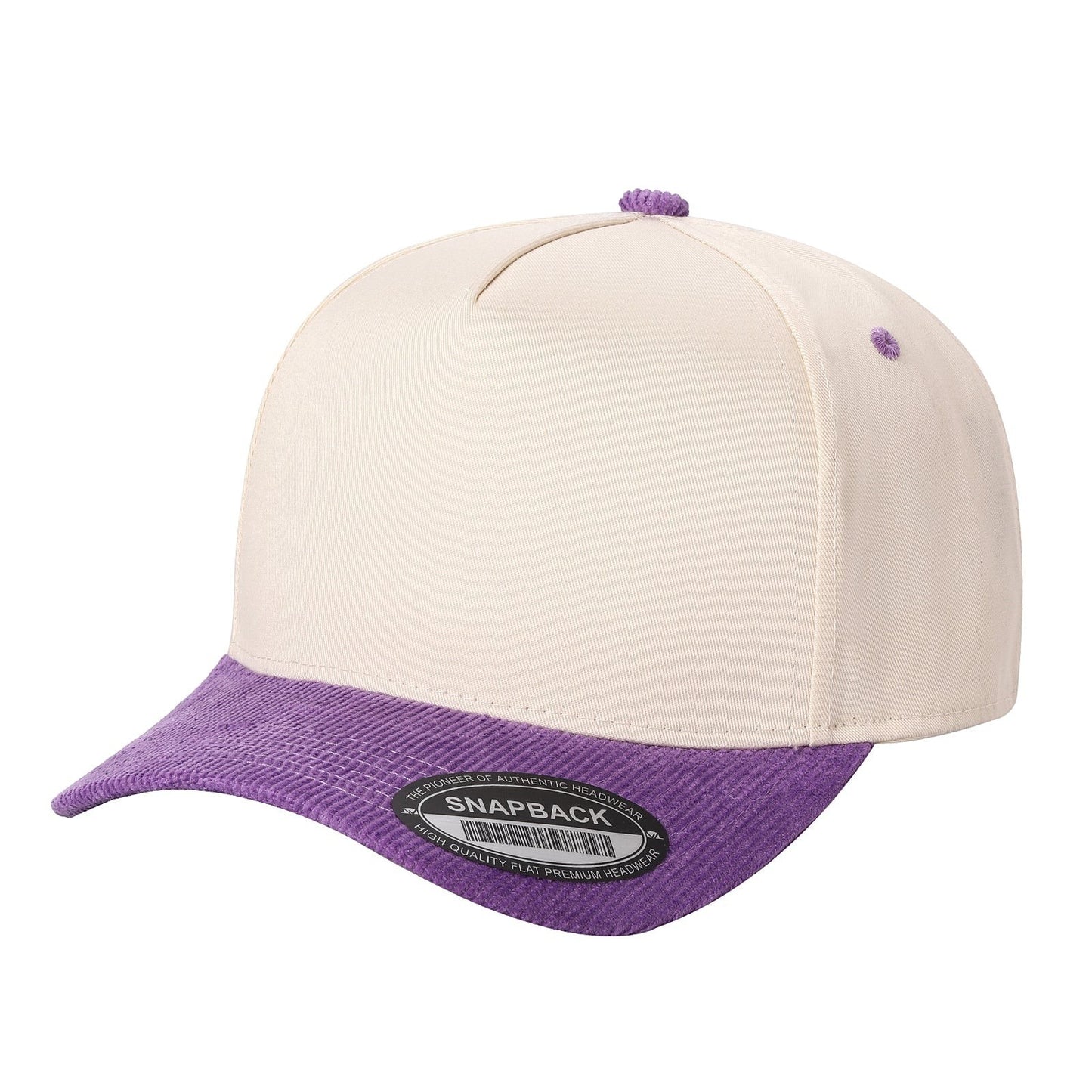 Waycap Corduroy Bill cream cap with a purple corduroy bill and button detail. Flat brim snapback style.