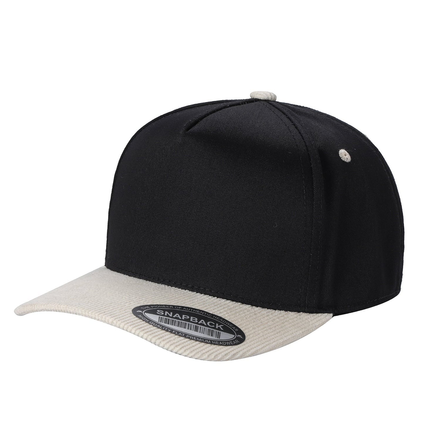 Waycap TCFC Corduroy Bill snapback cap in black with a contrasting cream corduroy flat brim and button detail.