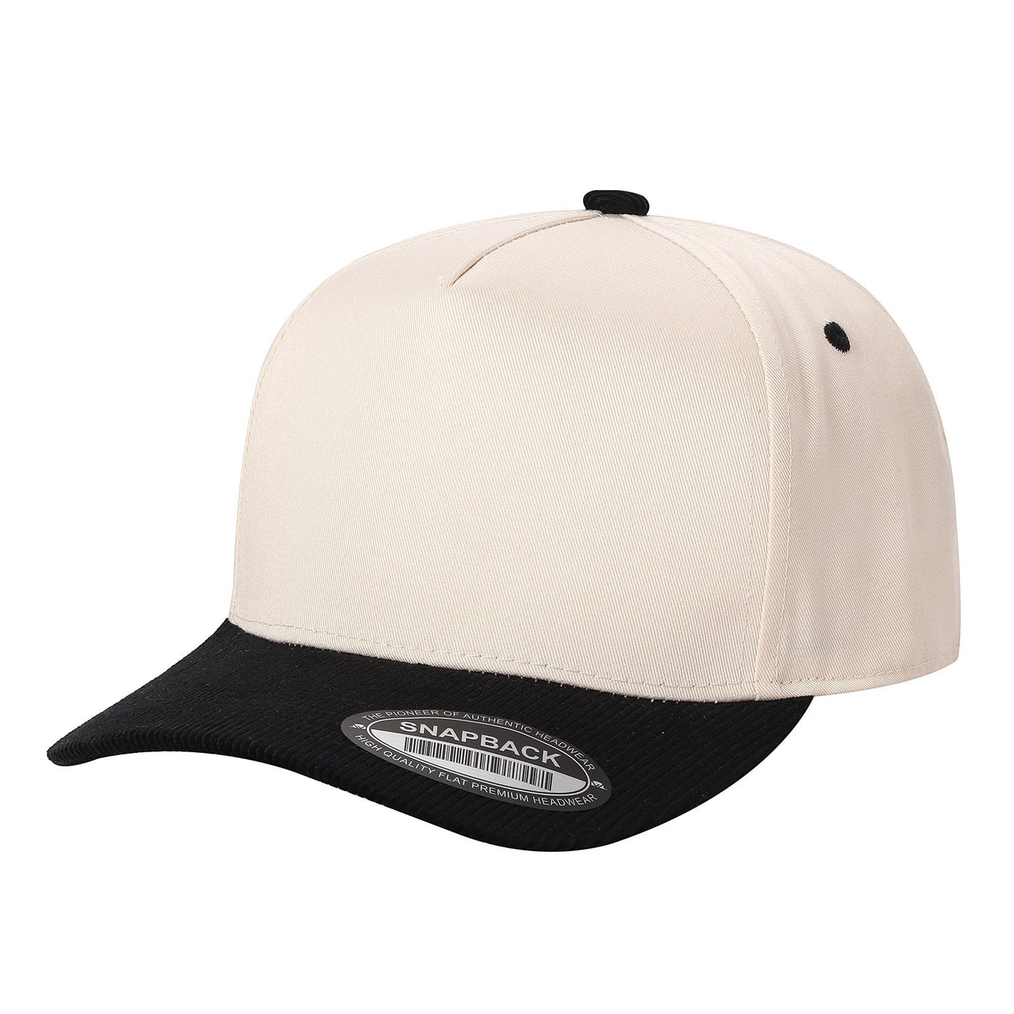 Waycap TCFC cream snapback cap with a black corduroy flat bill and black button on top.