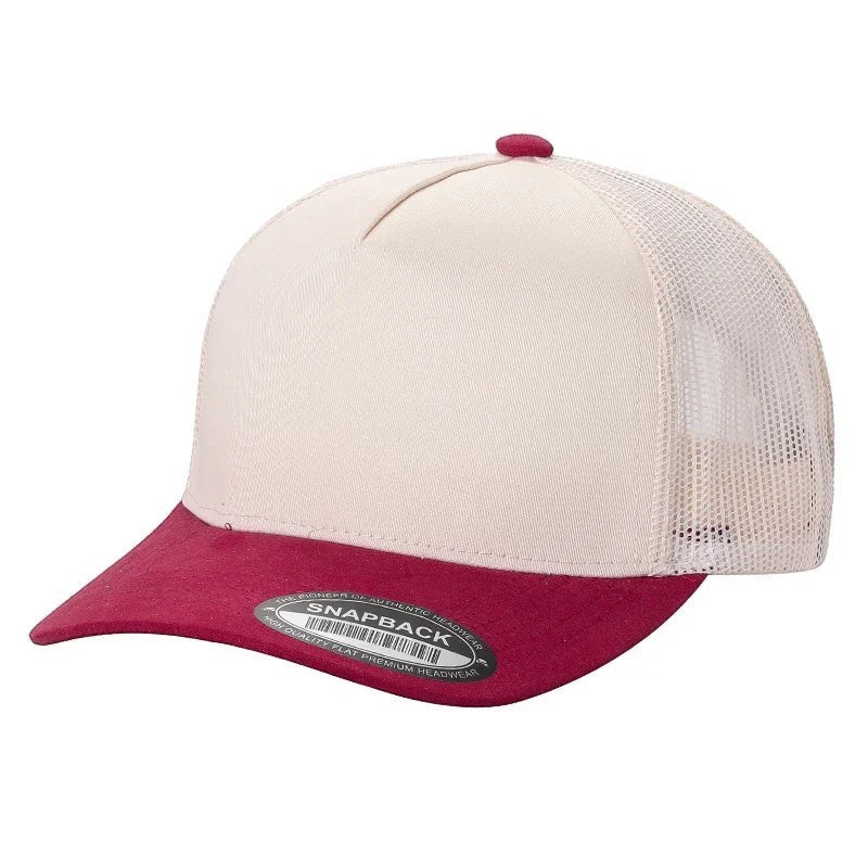 Waycap 180 trucker hat with cream front panel, mesh back, and maroon suede bill. Features adjustable snapback closure.