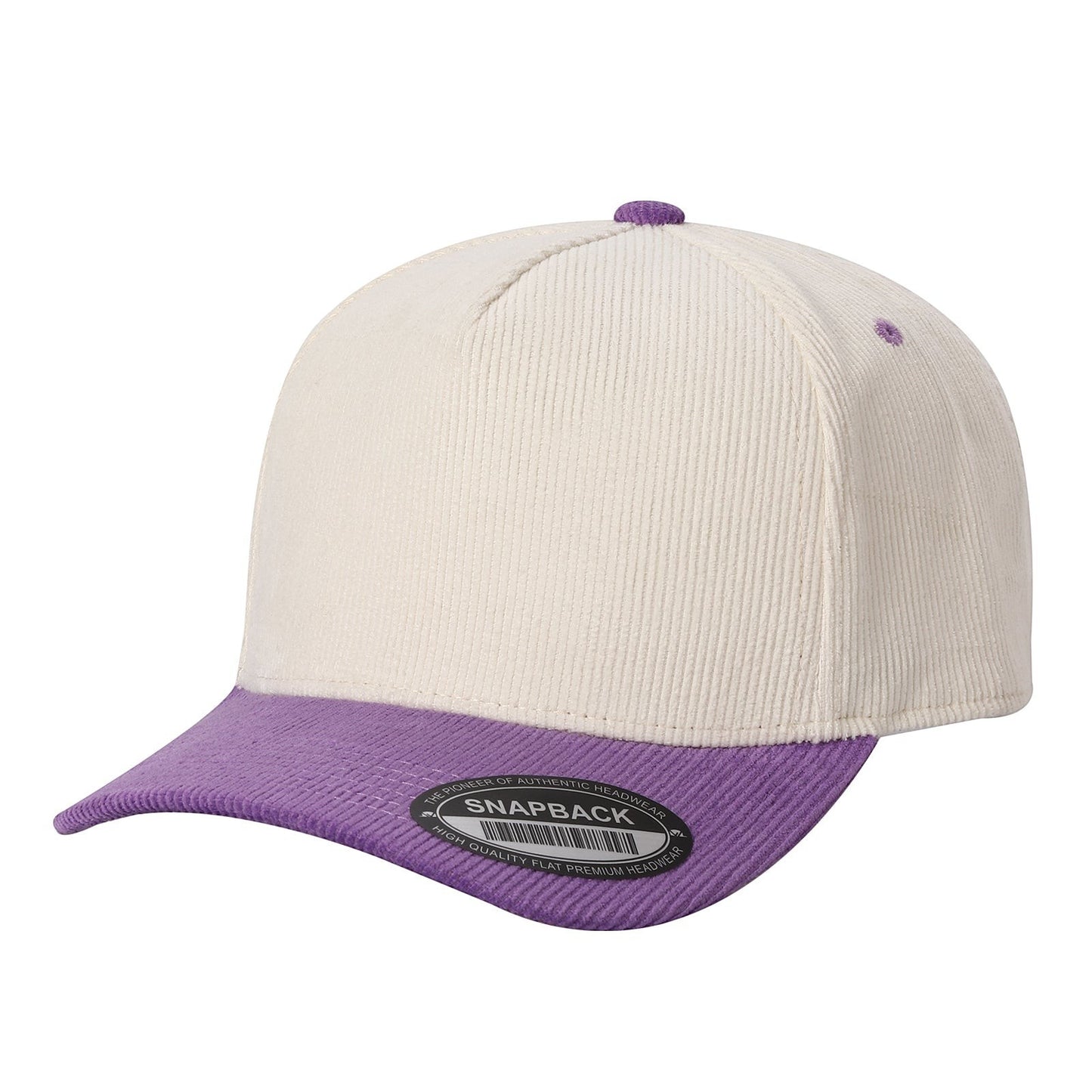Waycap 5FC All Corduroy baseball cap in cream with a purple brim and button. Features a classic snapback closure.