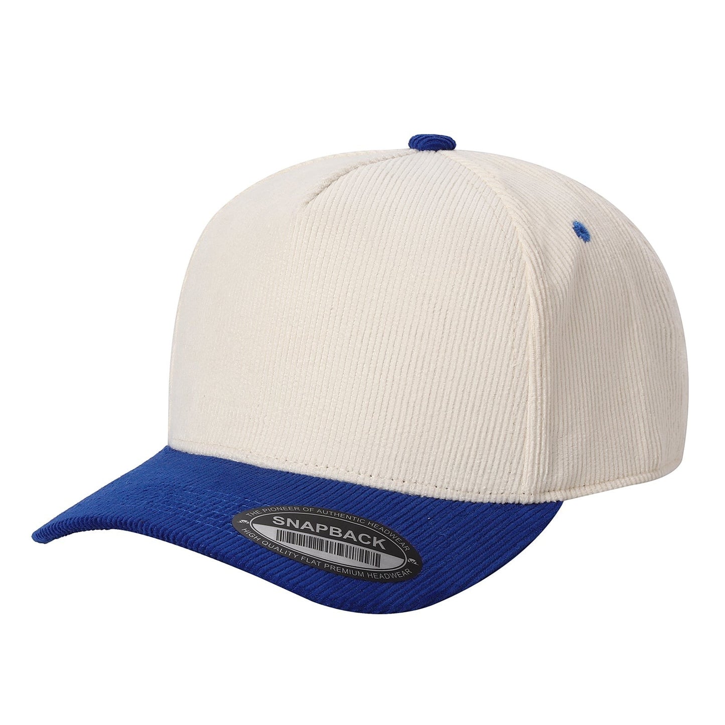 Waycap 5FC cream and royal blue corduroy baseball cap with snapback closure.