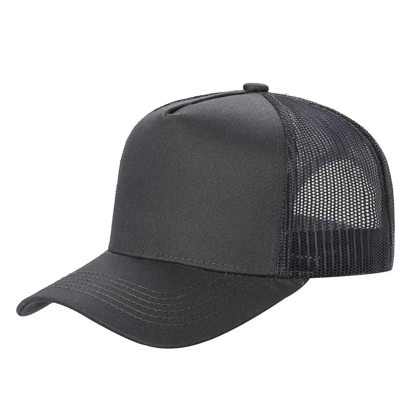 Waycap 5-panel trucker hat in solid dark grey with a curved brim and breathable mesh back panels.