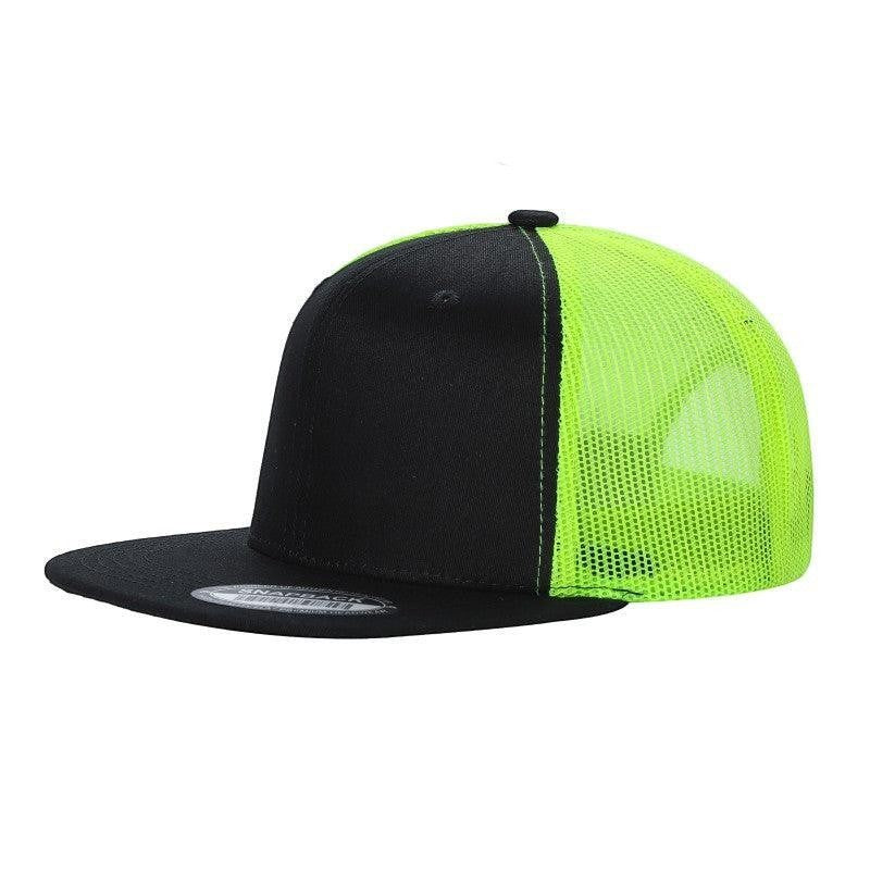 Waycap 6 Panel Flat Bill Mesh hat with black front and neon green mesh back, flat brim, and snapback closure.