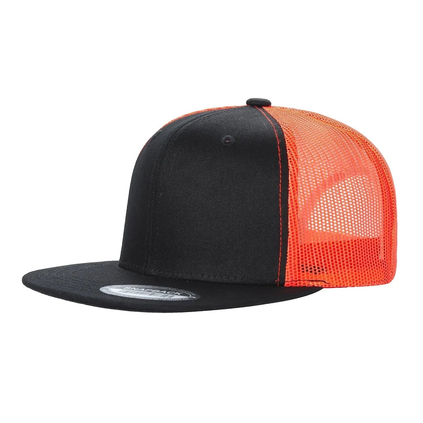 Waycap 6 Panel Flat Bill Mesh hat with black cotton front and bright orange mesh back, adjustable snapback closure.