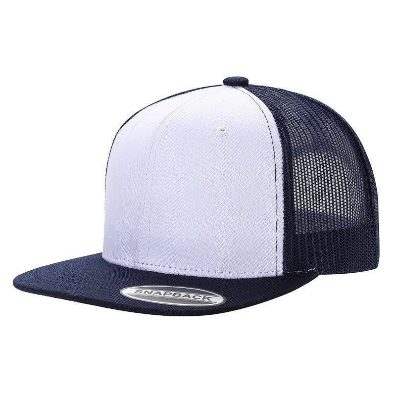 Waycap 6 Panel Flat Bill Mesh hat with white front panels and navy blue brim and mesh back. Adjustable snapback closure.