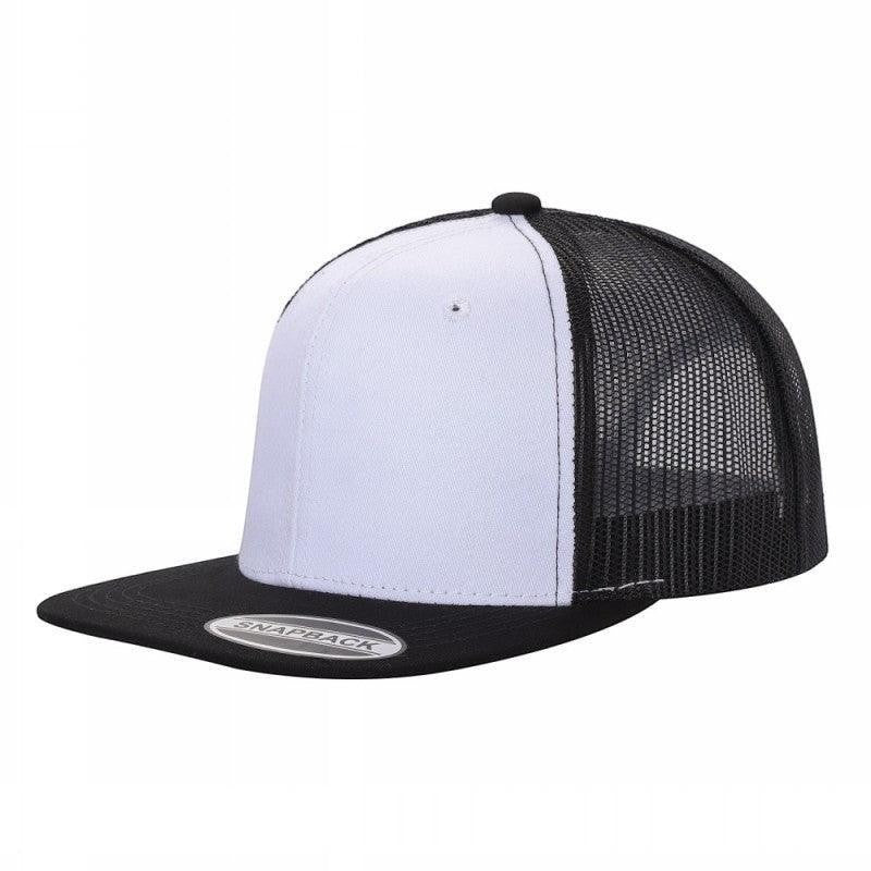 Waycap 6 Panel Flat Bill Mesh hat, white front panels, black flat brim, and black mesh back. Adjustable snapback closure.