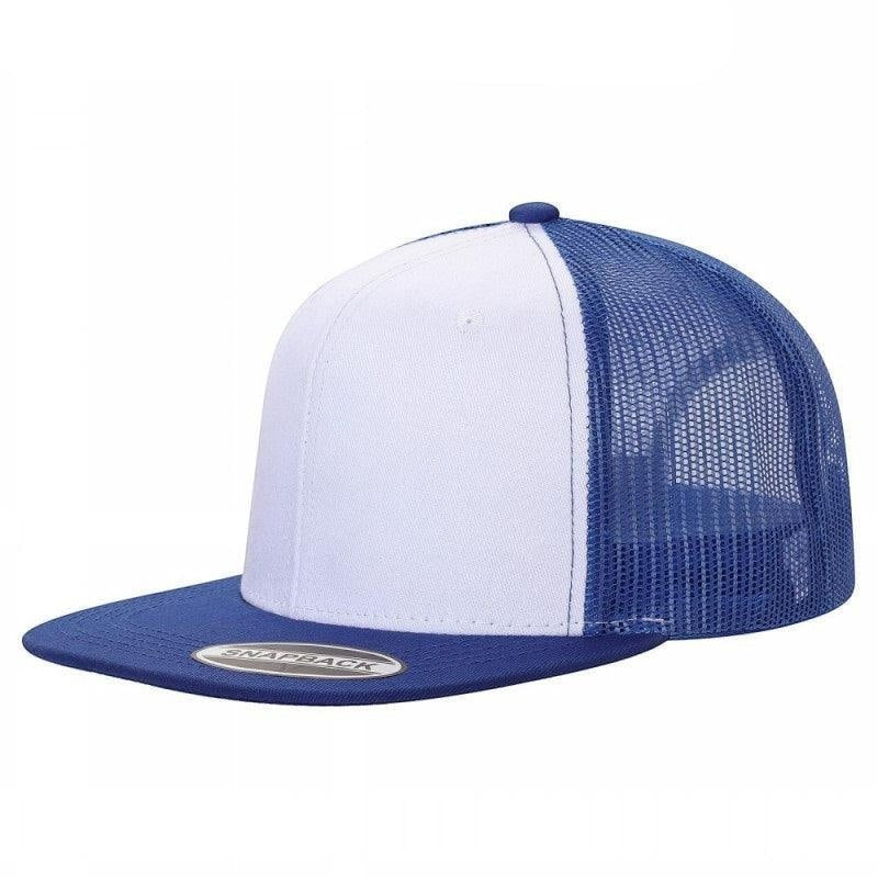 Waycap 6 Panel Flat Bill Mesh hat with white front panels and blue mesh back. Features a flat brim and snapback closure.