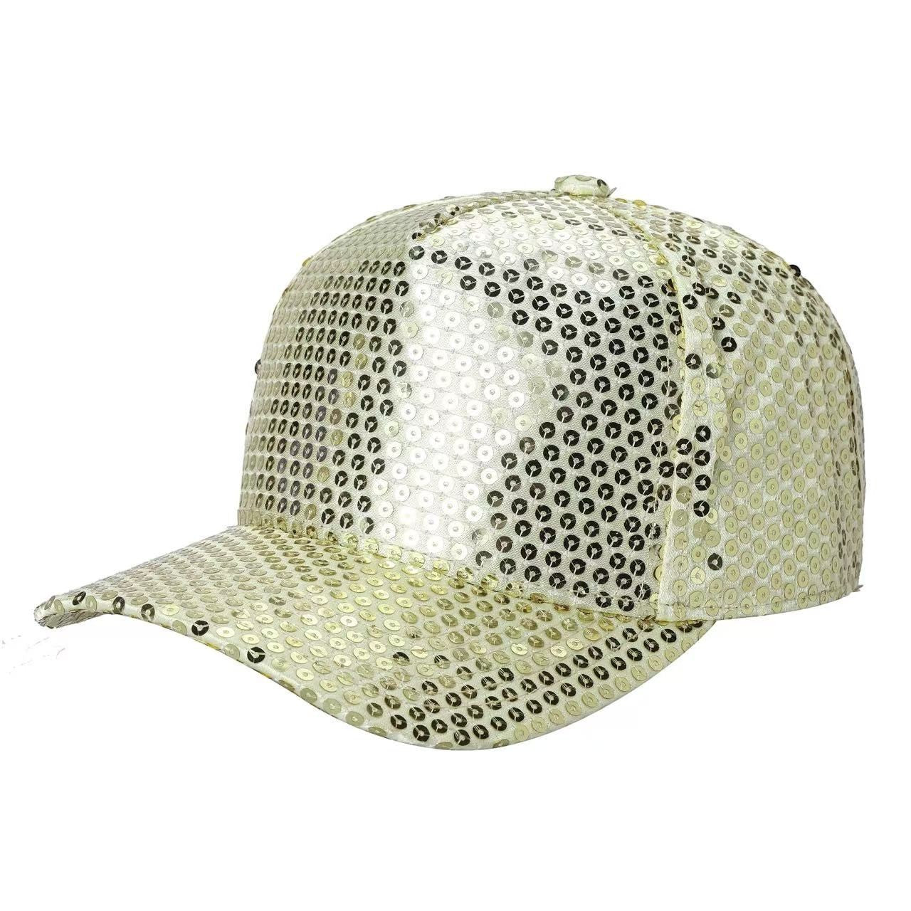 Waycap 5G Sequin Hat: A gold sequin baseball cap with an adjustable strap, perfect for parties and festivals.