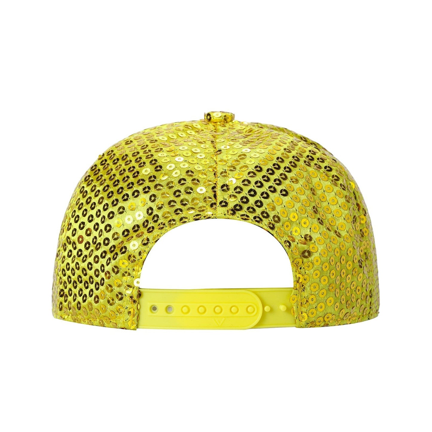 Waycap 5G Sequin Hat in gold, a dazzling baseball cap with all-over sequins and an adjustable yellow strap.