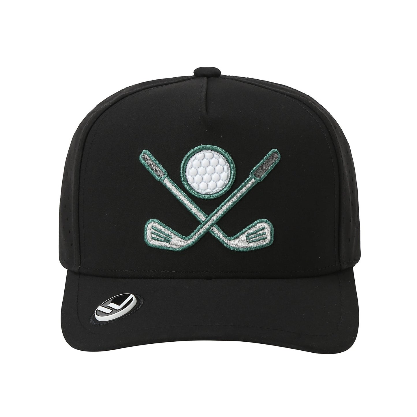 Waycap 5GOLF black 5 panel waterproof polyester golf cap with embroidered golf icon and snapback closure