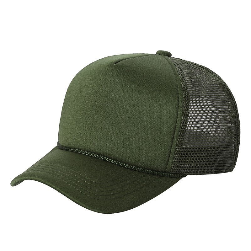 Waycap sponge trucker hat in dark green with foam front and mesh back. Adjustable snapback closure.