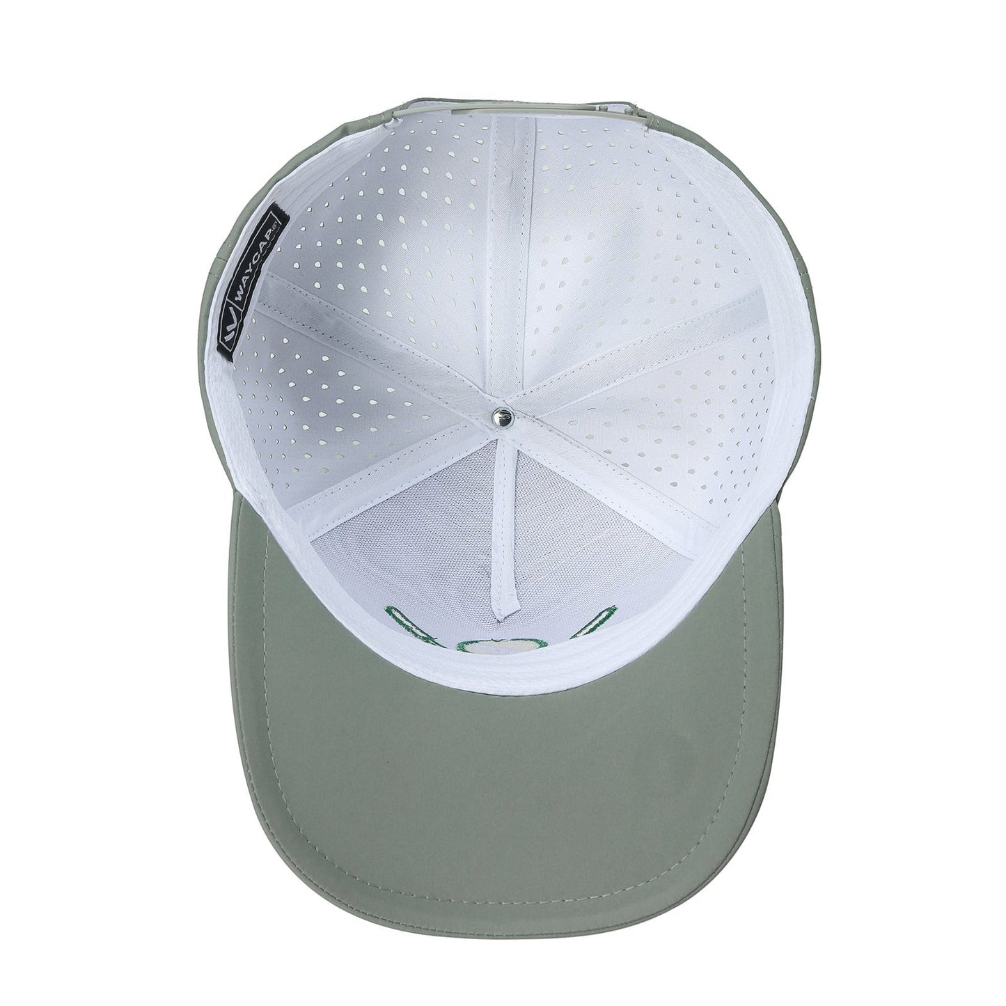 Waycap 5 Panel Golf Icon Cap in sage green, made of 100% polyester with water-resistant finish and laser-cut perforations for breathability.