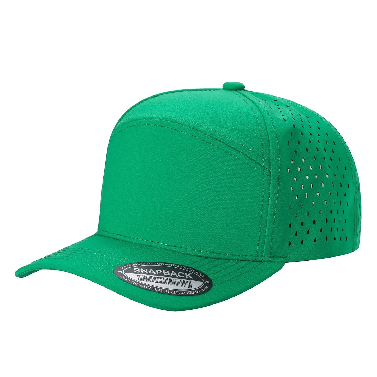 Waycap 6WP green six-panel snapback hat with laser-cut perforations on sides and back for breathability, flat brim.