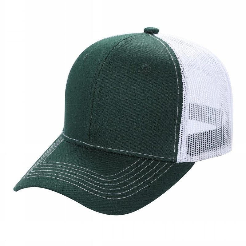 Waycap 6 Panel Curve Trucker Mesh Hat in dark green with white mesh back and curved brim.