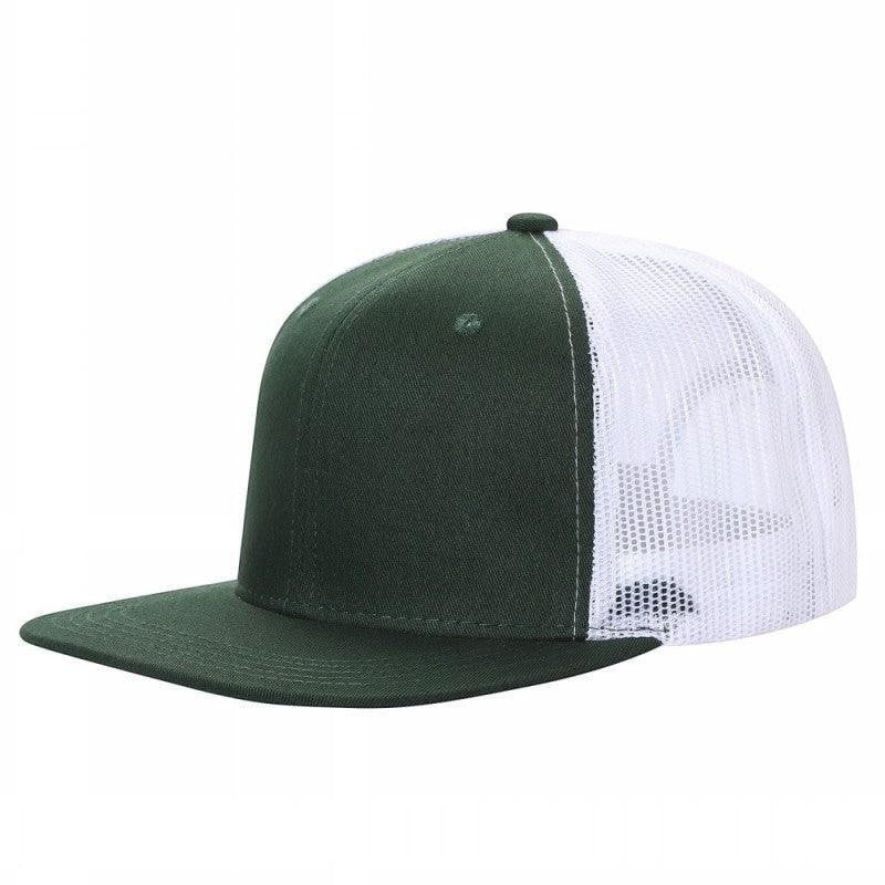 Waycap 6 Panel Flat Bill Mesh hat in dark green cotton-polyester blend with white mesh back and flat brim.