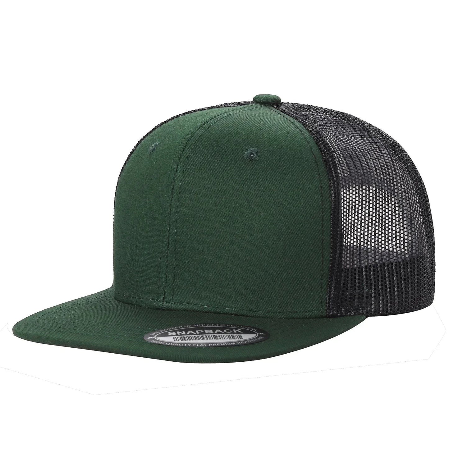 Waycap 6 Panel Flat Bill Mesh trucker hat in dark green cotton with black mesh back and flat brim.