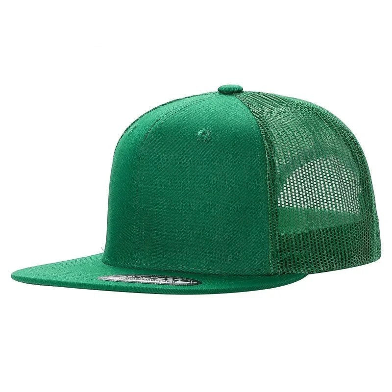 Waycap 6FTM green cotton-polyester blend 6-panel flat bill trucker mesh hat with snapback closure.