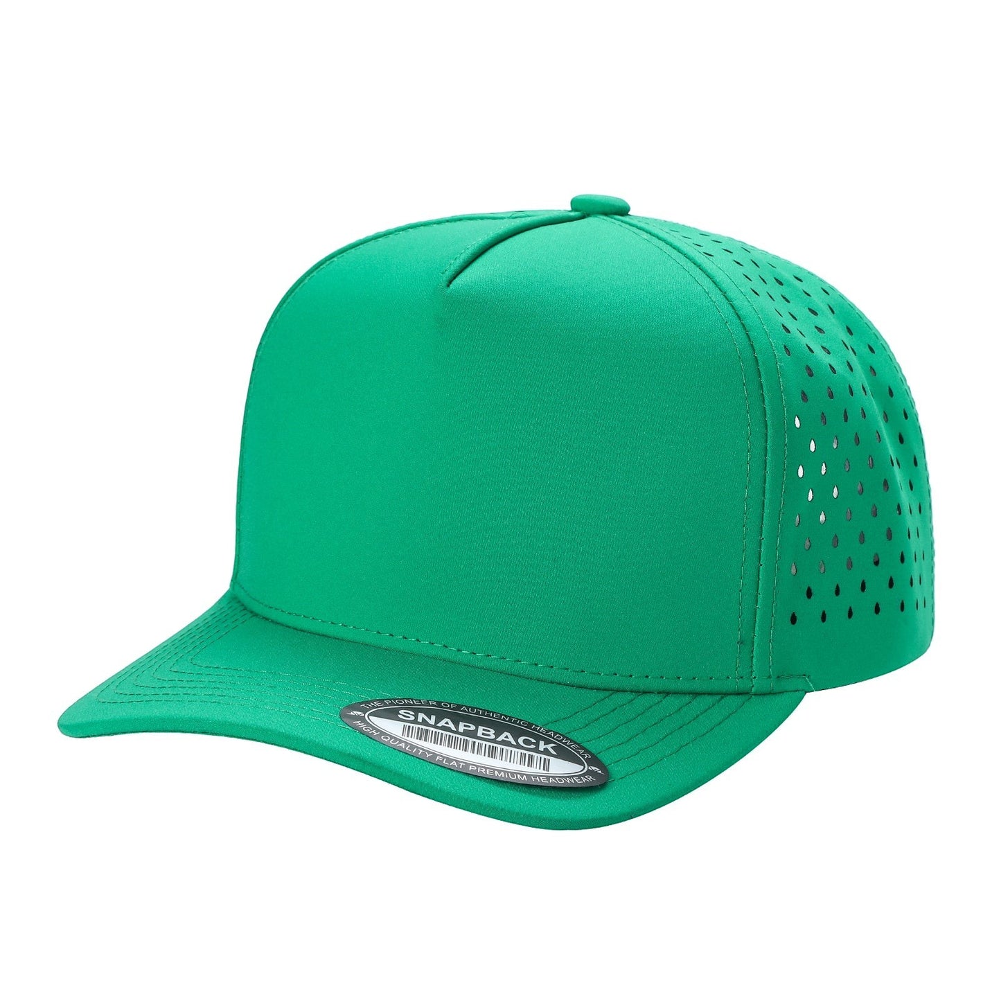 Waycap 5LASER green 5-panel waterproof baseball hat with perforated side panels and flat brim.