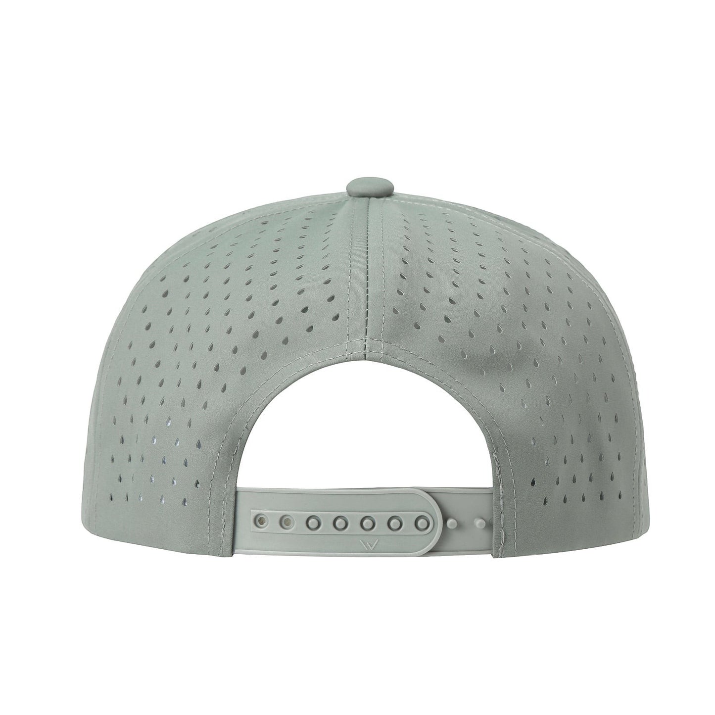 Waycap 5GOLF grey 5-panel waterproof polyester golf cap with laser-cut perforations and snapback closure.