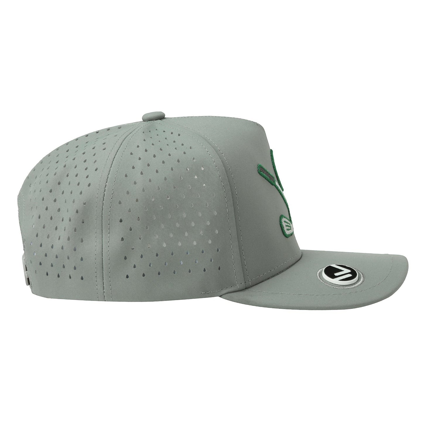 Waycap 5GOLF grey 5-panel waterproof polyester golf cap with green icon embroidery and laser-cut perforations.