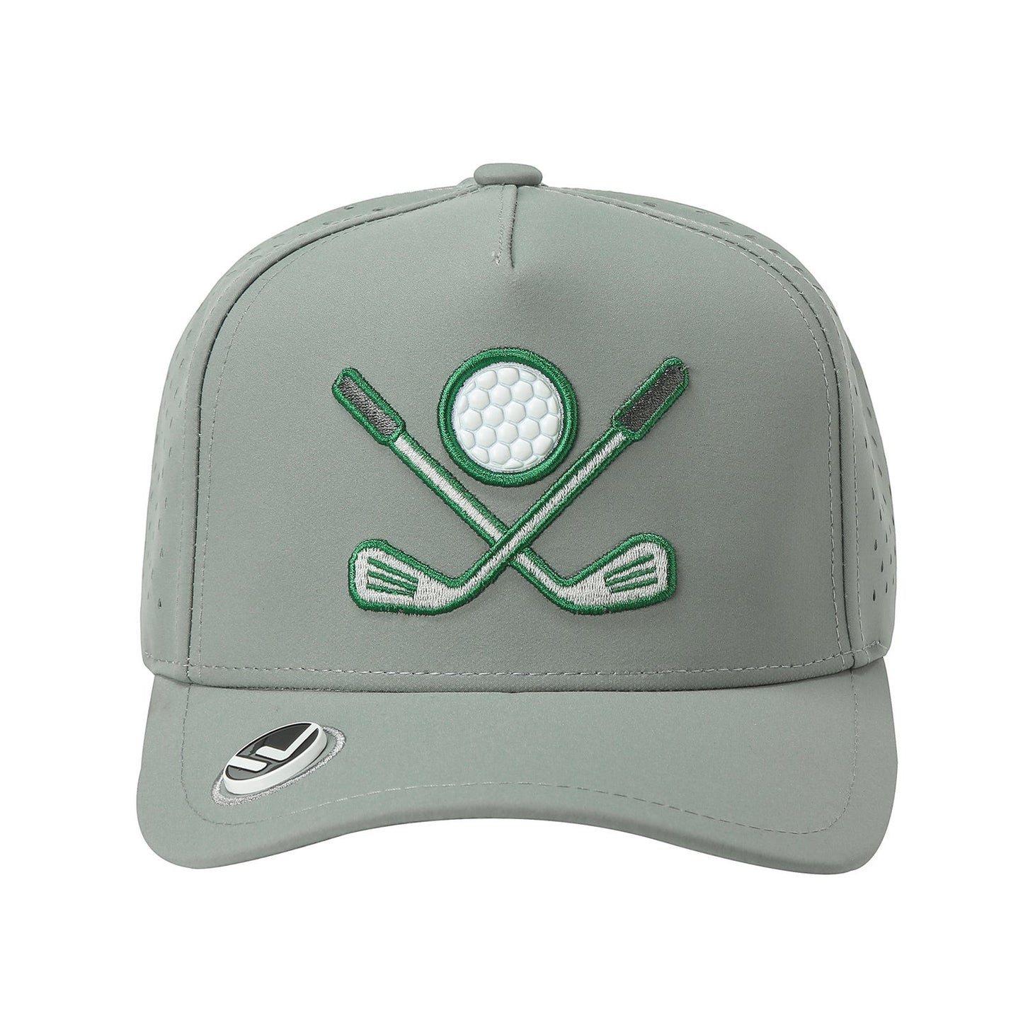 Waycap 5GOLF grey 5-panel waterproof polyester golf cap with embroidered crossed clubs and ball logo. Features laser-cut perforations and snapback closure.
