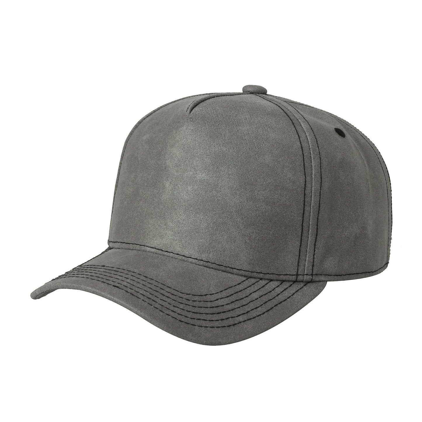 Waycap 5RS grey leather 5 panel cap with a pre-curved bill and adjustable snapback closure.