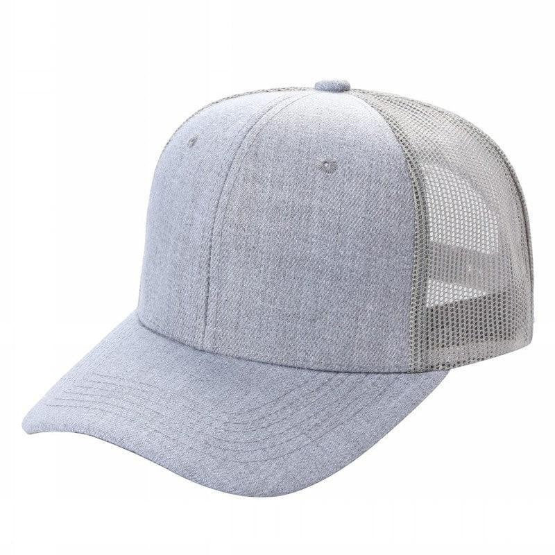 Waycap 6 Panel Curve Trucker Mesh Hat in light grey heather fabric with a curved brim and breathable mesh back panels.