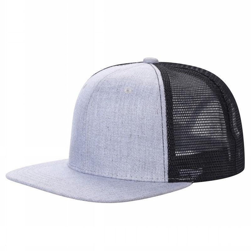 Waycap 6-panel flat bill trucker hat in light grey with black mesh back and flat brim. Cotton-polyester blend front.