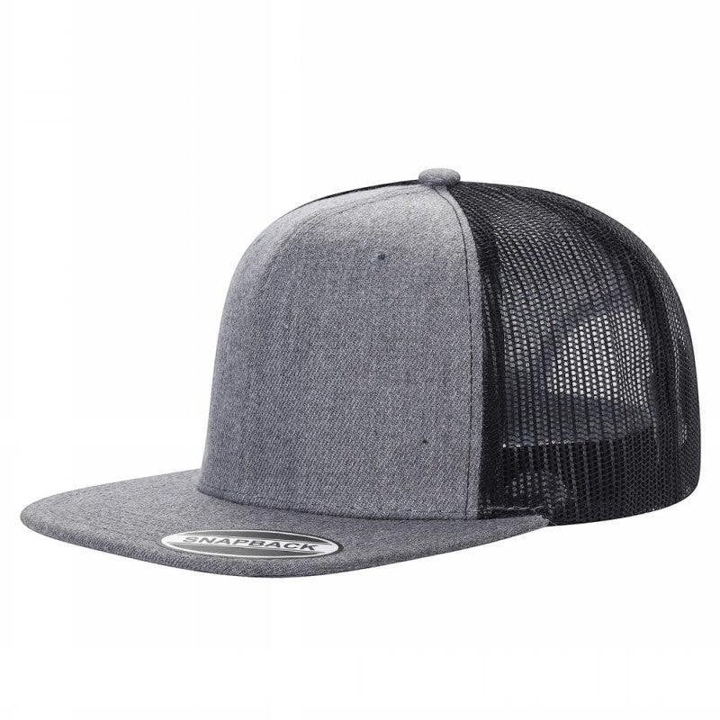 Waycap 6 Panel Flat Bill Mesh trucker hat in grey cotton blend with black mesh back and flat brim.