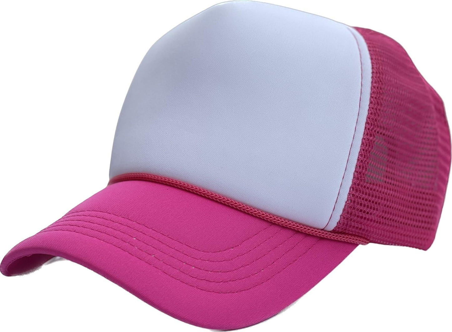 Waycap Sponge trucker hat with white foam front panel and hot pink mesh back and brim. Adjustable snapback closure.