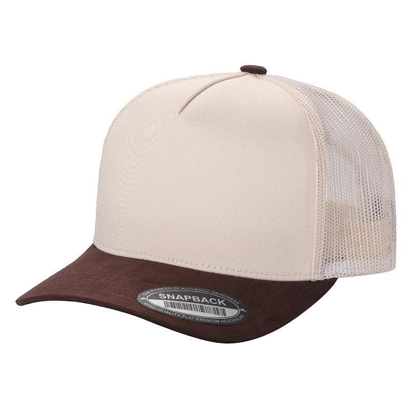 Waycap INC beige trucker hat with brown suede bill and mesh back, adjustable snapback closure.