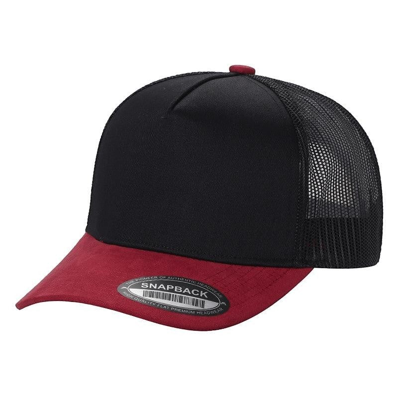 Waycap INC black trucker hat with a maroon suede bill and mesh back. Features adjustable snapback closure.