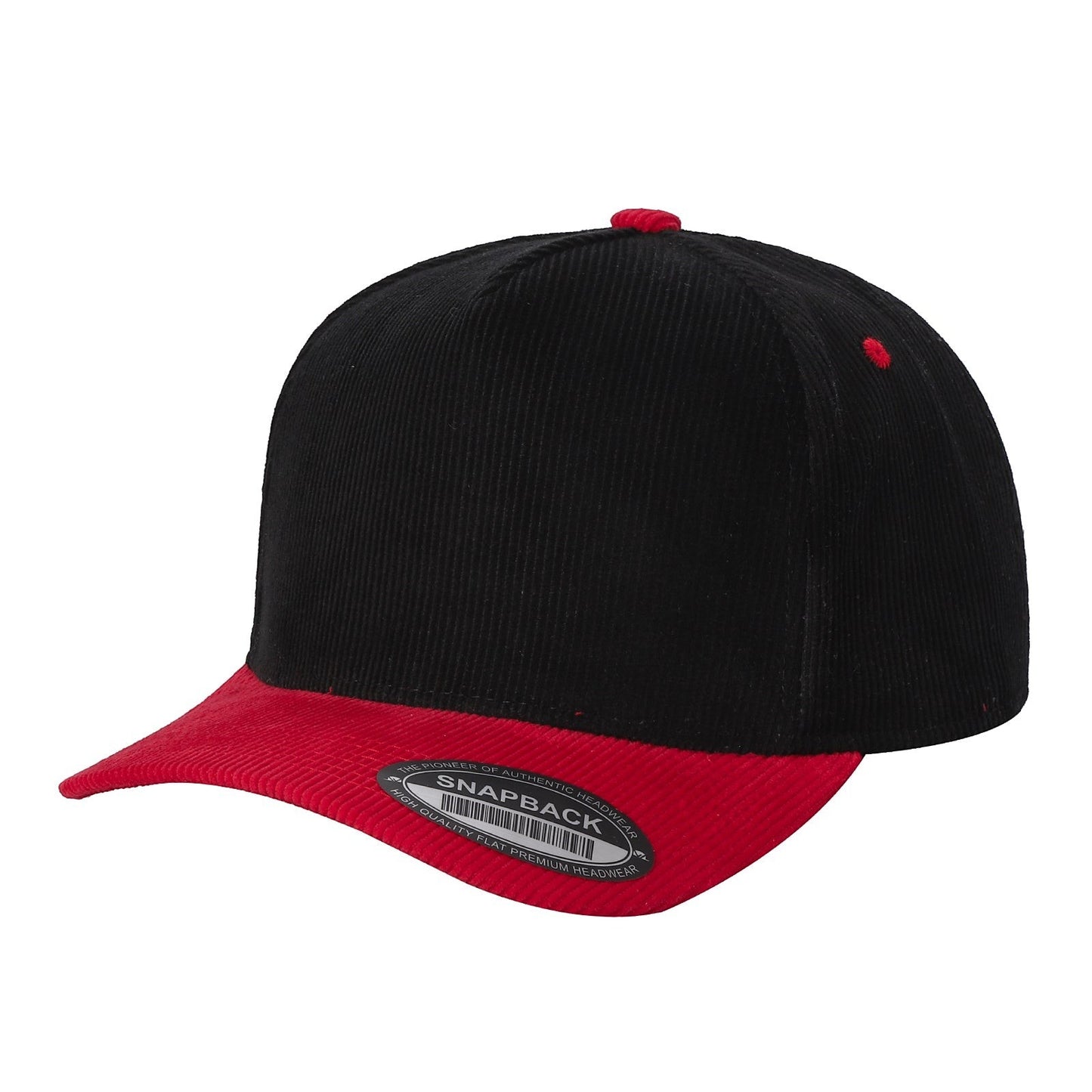 Waycap INC black corduroy baseball cap with red brim and button detail. Adjustable snapback closure.