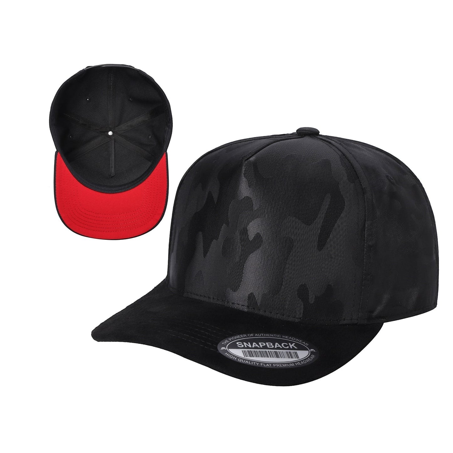 Waycap INC black suede snapback cap with tonal camouflage pattern and red lining. Adjustable strap.