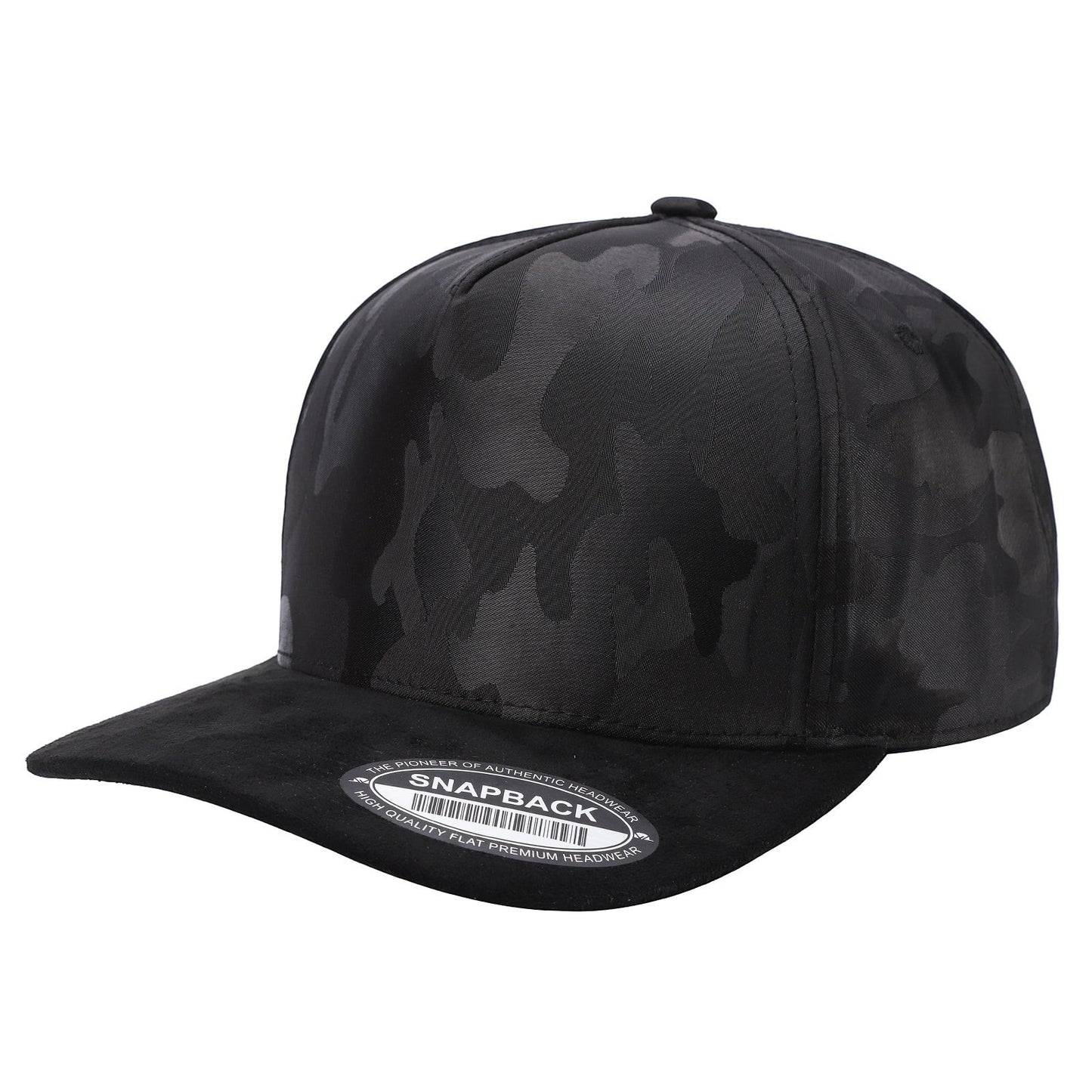 Waycap INC black suede camouflage snapback cap with flat brim and adjustable closure.