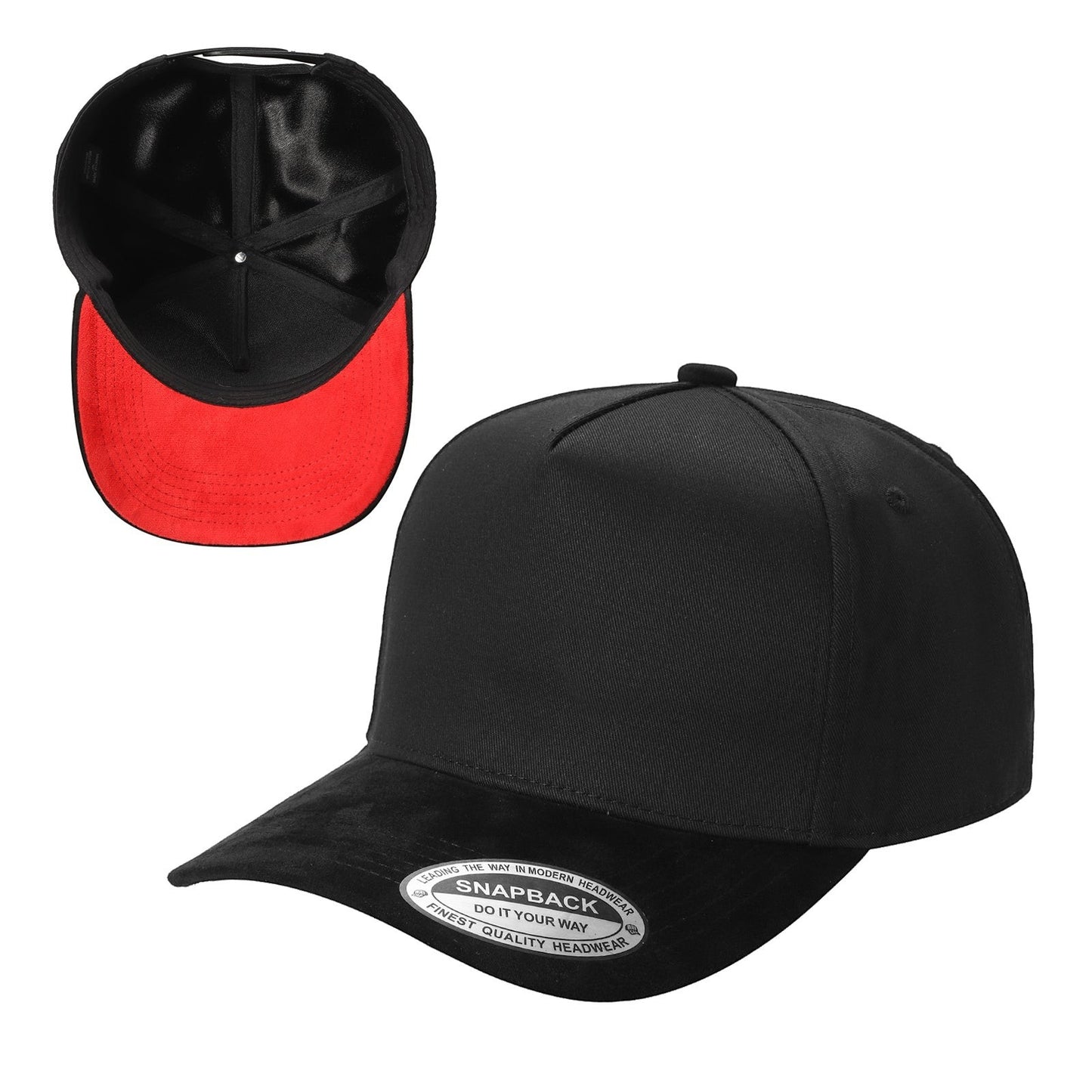Waycap INC black waterproof suede TC snapback cap with a red under-visor and structured crown.