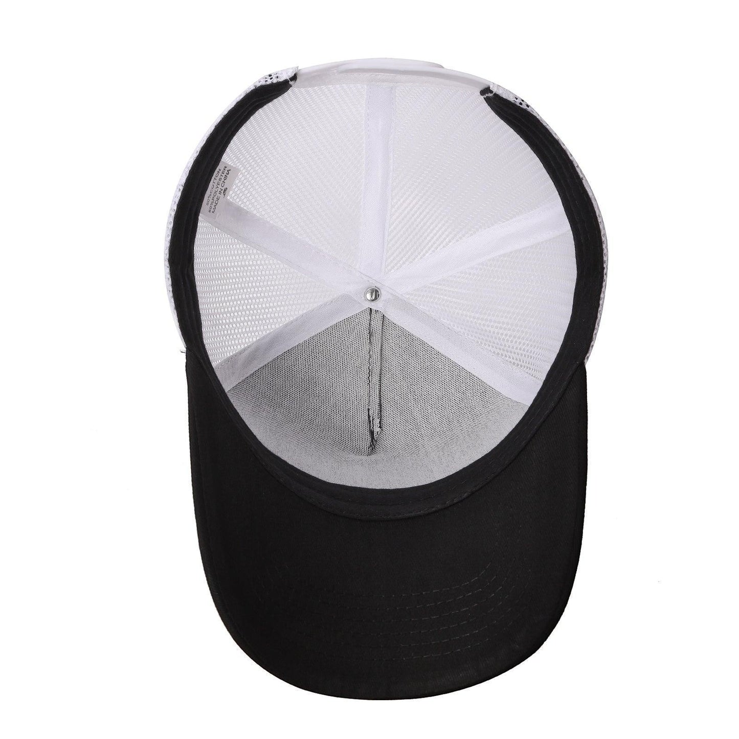 Waycap INC black and white 5-panel trucker mesh hat with curved brim and adjustable snapback closure