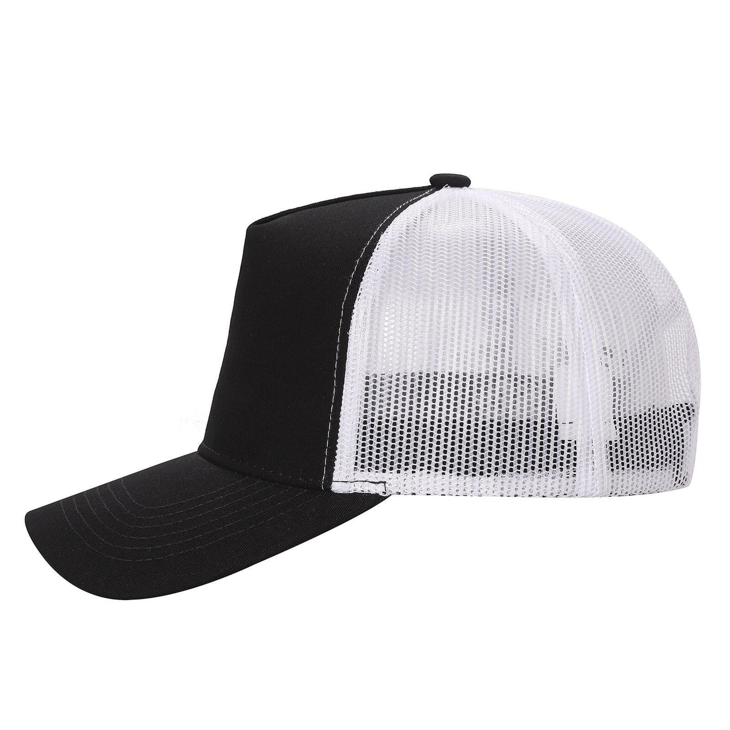 Waycap INC black cotton front trucker hat with white mesh back and curved brim