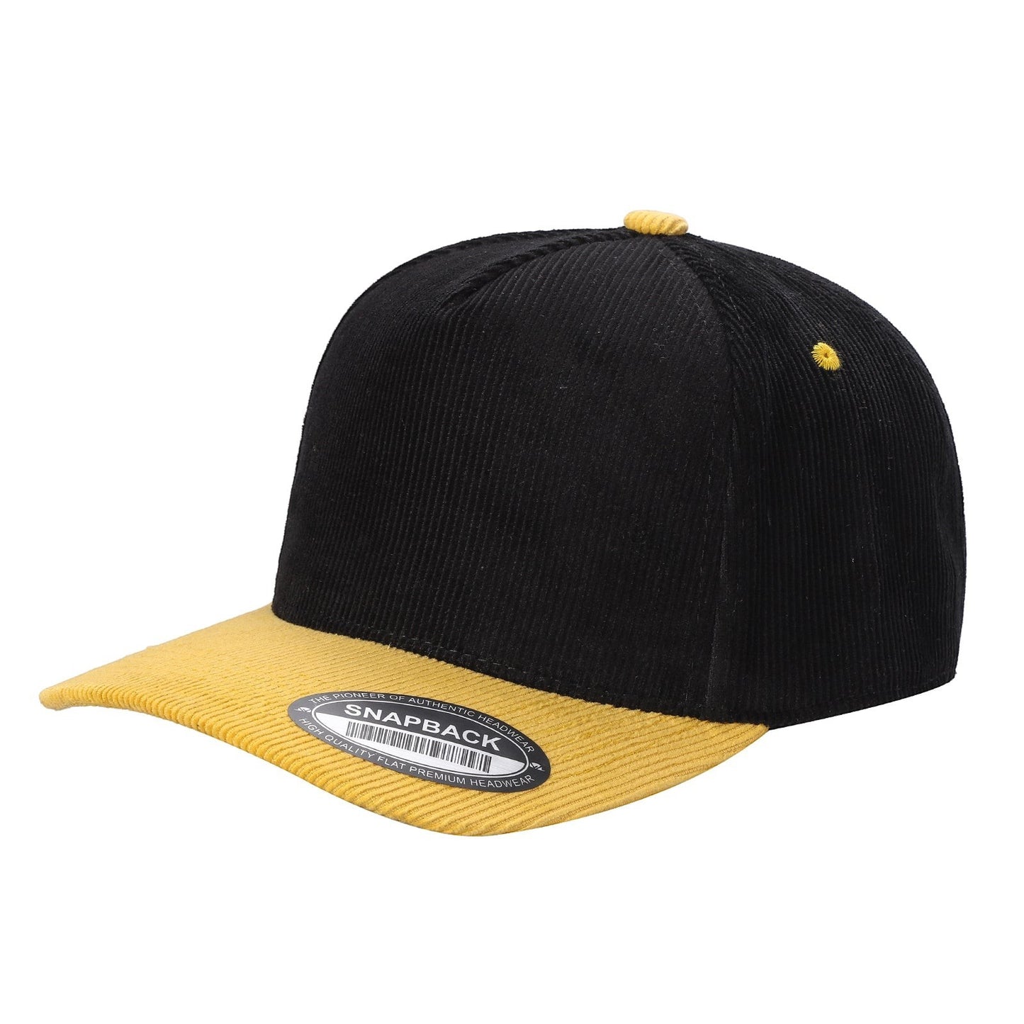 Waycap INC black corduroy baseball cap with yellow brim and button, featuring a snapback closure.