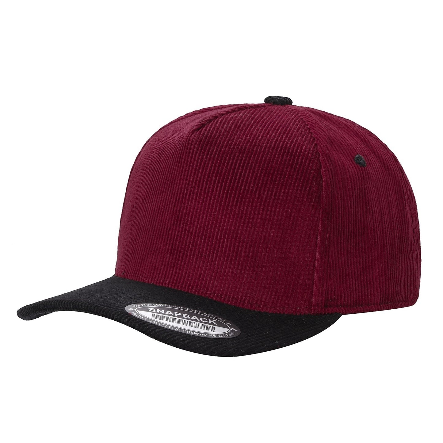 Waycap INC burgundy corduroy baseball cap with black brim and snapback closure.