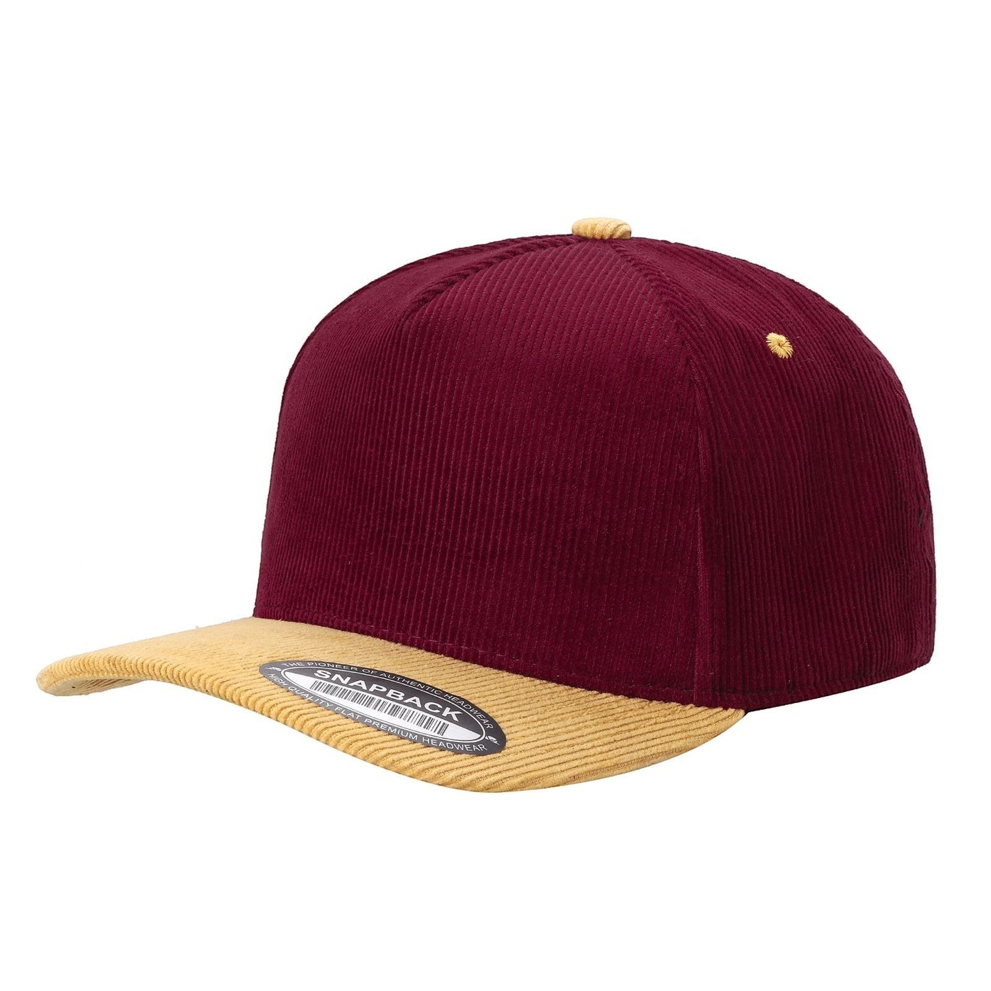 Waycap INC burgundy corduroy baseball cap with tan brim and snapback closure.