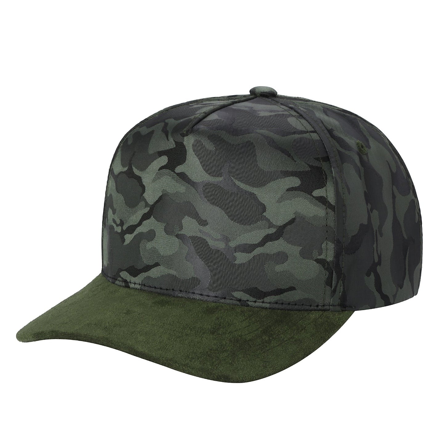 Waycap INC TC Camo Suede Cap with green camouflage pattern and olive green suede brim. Adjustable snapback.