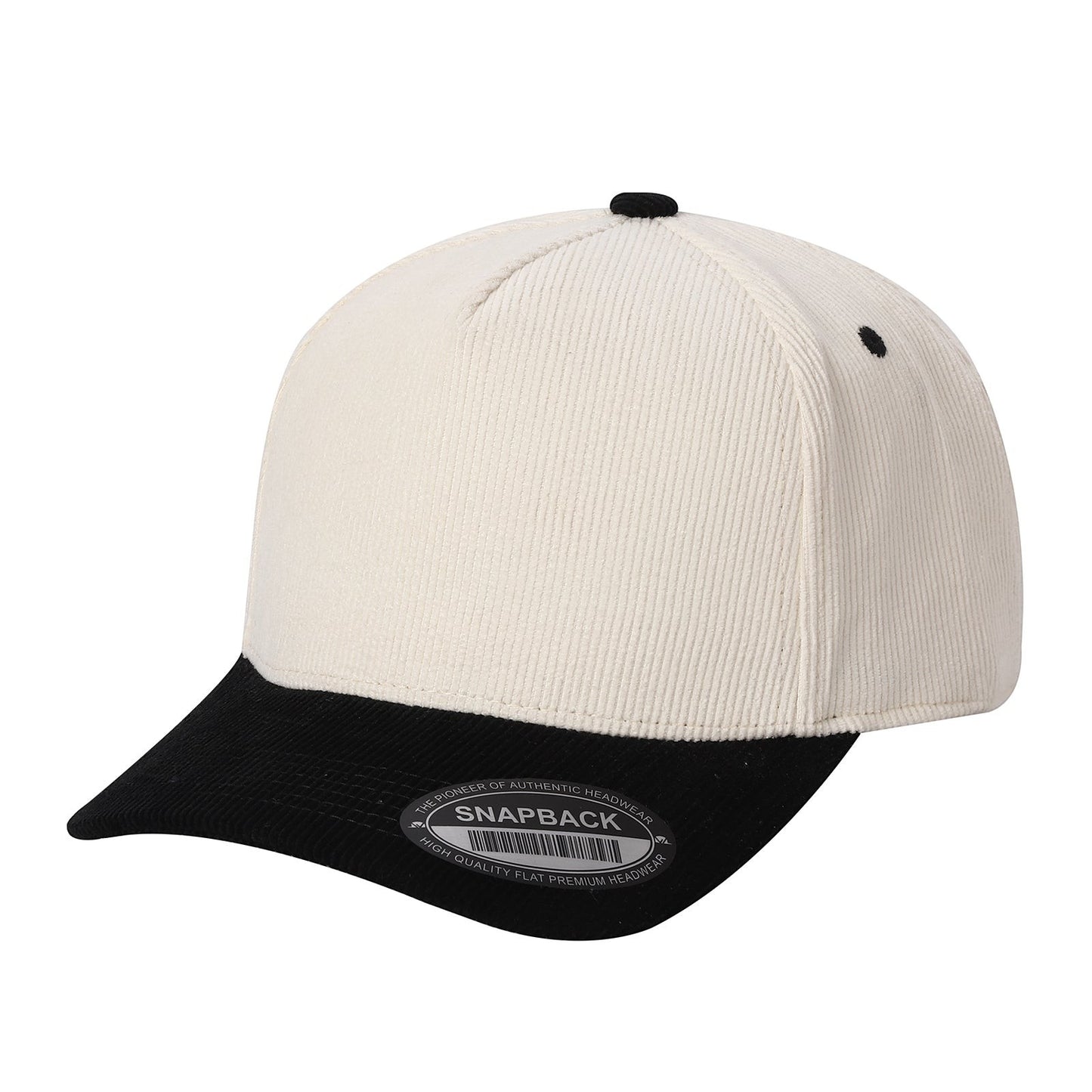 Waycap INC cream corduroy baseball cap with black brim and snapback closure.