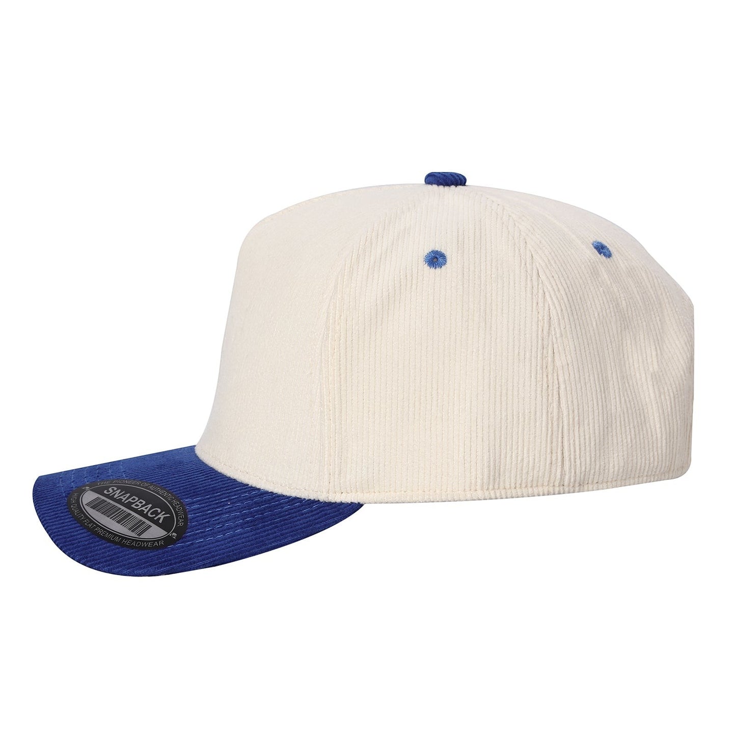 Waycap INC cream corduroy baseball cap with blue brim and button detail. Adjustable snapback closure.