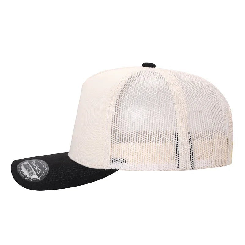 Waycap INC cream mesh trucker hat with black suede bill and snapback closure
